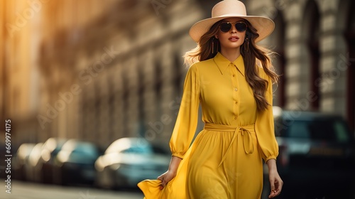 Youthful smart lady wearing yellow maxi dress, dark cap, shades and satchel strolling within the city road. Spring mold furnish, rich see. Also estimate demonstrate photo