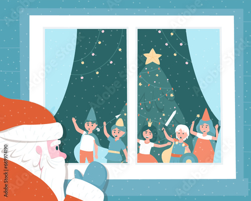 TheThe children saw Santa Claus through the window. Santa Claus watches the children's party through the window. Children are happy to see Santa Claus. Flat children saw Santa Claus through the window photo