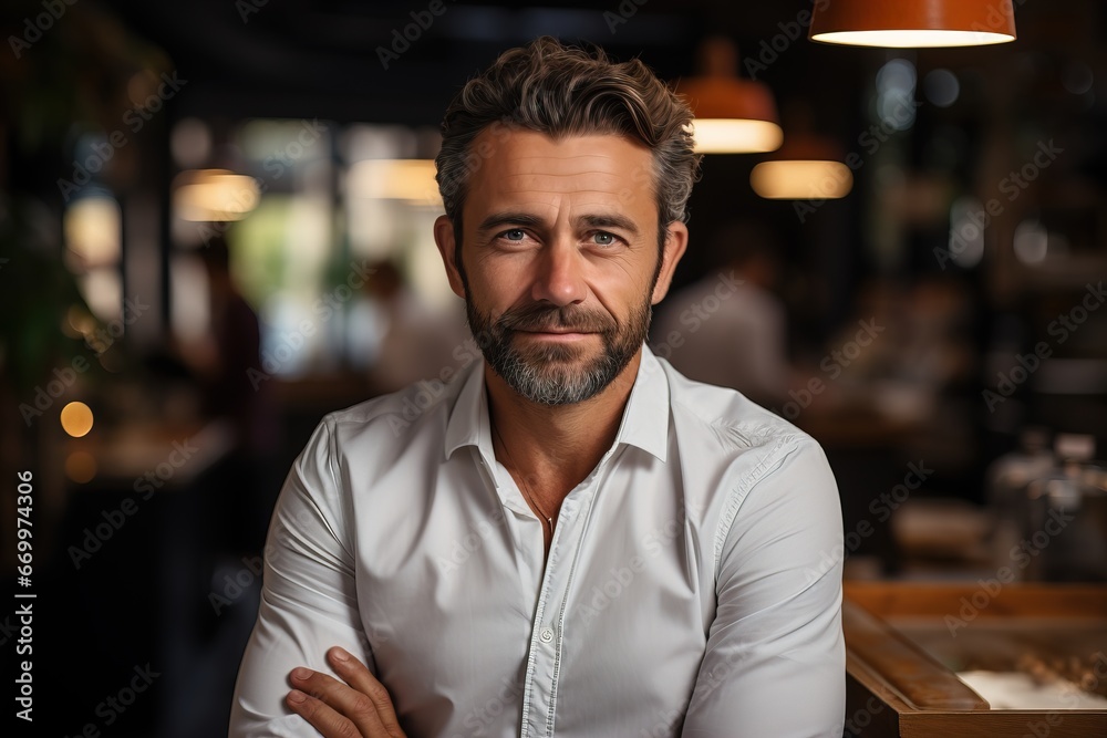 Portrait of an adult teacher for college students a man in a shirt looks at the camera beard and stylish hairstyle Portrait of an adult teacher for college students a man in a shirt looks at the camera beard and stylish hairstyle