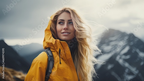 Youthful Lady blonde getting a charge out of mountains scene Travel Way of life upbeat feelings concept experience open air dynamic get-aways young lady traveler strolling wearing yellow