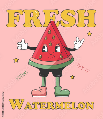 90s Fruit Funny Retro Groovy Cartoon Characters. Poster with Comic Character of Watermelon. Groovy Summer Vector Illustration. Sweet Juicy Fresh Fruit Banner.