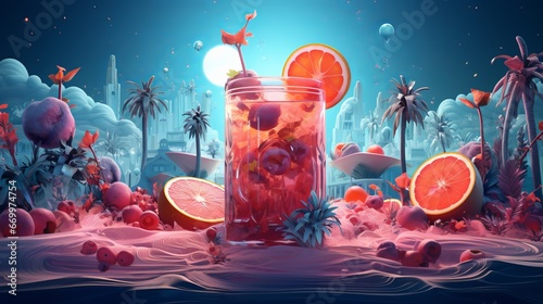 Tropical natural product summer coctail with ruddy grapefruit, berries and ice on blue foundation. Negligible cold drink format