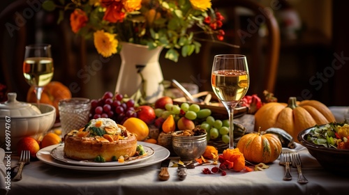The Thanksgiving supper table. A conventional Thanksgiving or Fellowship Day party. Beautification and serving of the merry table with harvest time stylistic layout, candles and blossoms