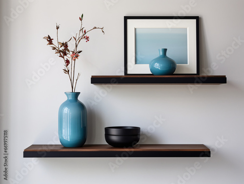 Dark Wood Floating Shelf with Modern Black Frames and Blue