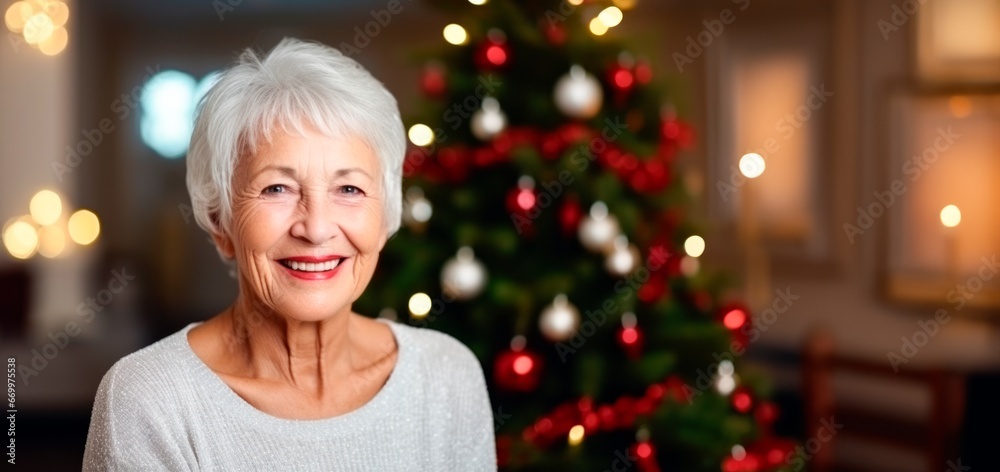 smiling senior woman smiling in front of christmas tree in a home home decorated for the Christmas holidays. copy space for text smiling senior woman smiling in front of christmas tree in a home home decorated for the Christmas holidays. copy space for text