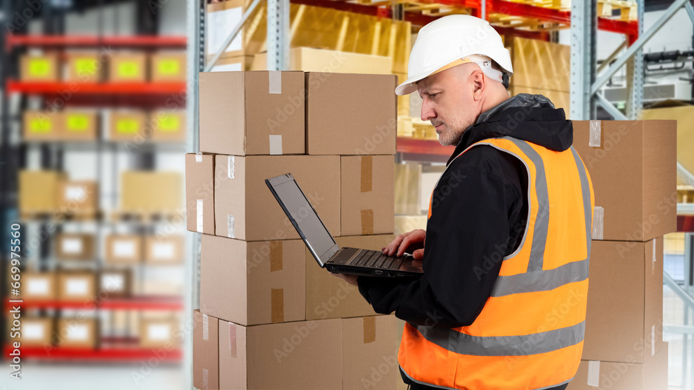 Man works in warehouse. Storekeeper guy with laptop. Storage company contractor near boxes. Delivery warehouse employee. Man manager logistics warehouse. Storekeeper in building with parcels on racks Man works in warehouse. Storekeeper guy with laptop. Storage company contractor near boxes. Delivery warehouse employee. Man manager logistics warehouse. Storekeeper in building with parcels on racks