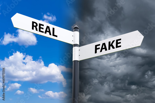 Real vs fake road sign. Crossroads with sunny and cloudy skies. Concept of choosing between real and fake. Metal street road sign with arrows. Real and fake directions. 3d image. photo