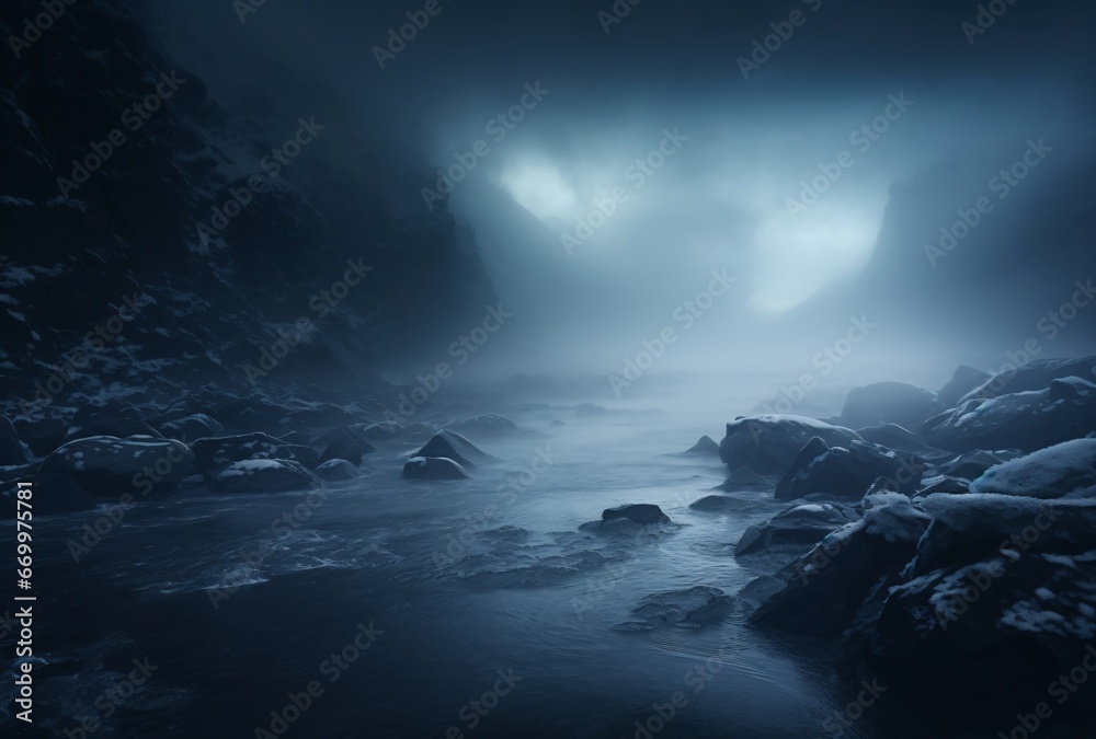 dark background with an icy glow, ominous vibe, panoramic scale, cyclorama, misty atmosphere, light navy and dark black, abstract seascapes - obrazy, fototapety, plakaty 