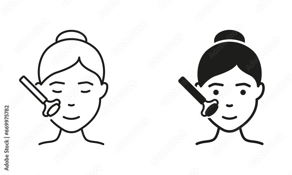 Skin Care Procedure, Roller for Facial Massage Line and Silhouette Icon Set. Jade Roller for Facial Relaxation Pictogram. Relax for Female Skin Face Symbol Collection. Isolated Vector Illustration Skin Care Procedure, Roller for Facial Massage Line and Silhouette Icon Set. Jade Roller for Facial Relaxation Pictogram. Relax for Female Skin Face Symbol Collection. Isolated Vector Illustration