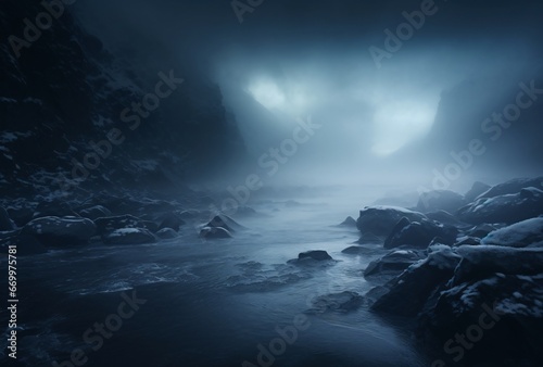 dark background with an icy glow, ominous vibe, panoramic scale, cyclorama, misty atmosphere, light navy and dark black, abstract seascapes