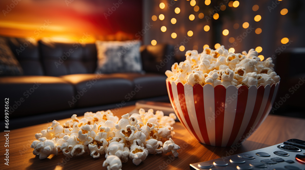 Close up bowl of popcorn and remote control with TV running in the background. Relaxing evening watching a movie or TV series at home. Close up bowl of popcorn and remote control with TV running in the background. Relaxing evening watching a movie or TV series at home.