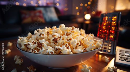 Close up bowl of popcorn and remote control with TV running in the background. Relaxing evening watching a movie or TV series at home.