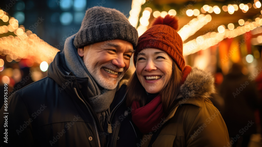 Portrait of a happy couple at the New Year's shopping market. A man and a woman spend time together at the Christmas market, having fun. Christmas. Fun, vacation concept. Portrait of a happy couple at the New Year's shopping market. A man and a woman spend time together at the Christmas market, having fun. Christmas. Fun, vacation concept.