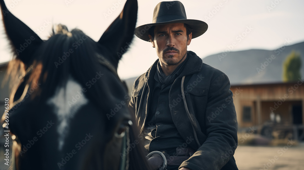 The outlaw dressed in all black stares into your soul in Cinematic Western Scene