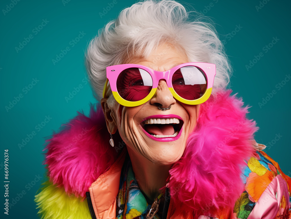 Eccentric Senior Woman Dressed in Loud and Flashy Clothes Laughs and has a Good Time and Definitely doesn't care what you think Eccentric Senior Woman Dressed in Loud and Flashy Clothes Laughs and has a Good Time and Definitely doesn't care what you think