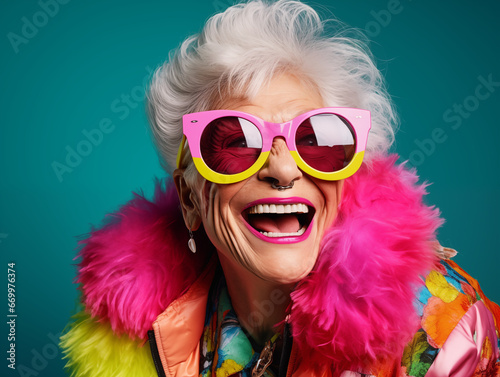 Eccentric Senior Woman Dressed in Loud and Flashy Clothes Laughs and has a Good Time and Definitely doesn't care what you think