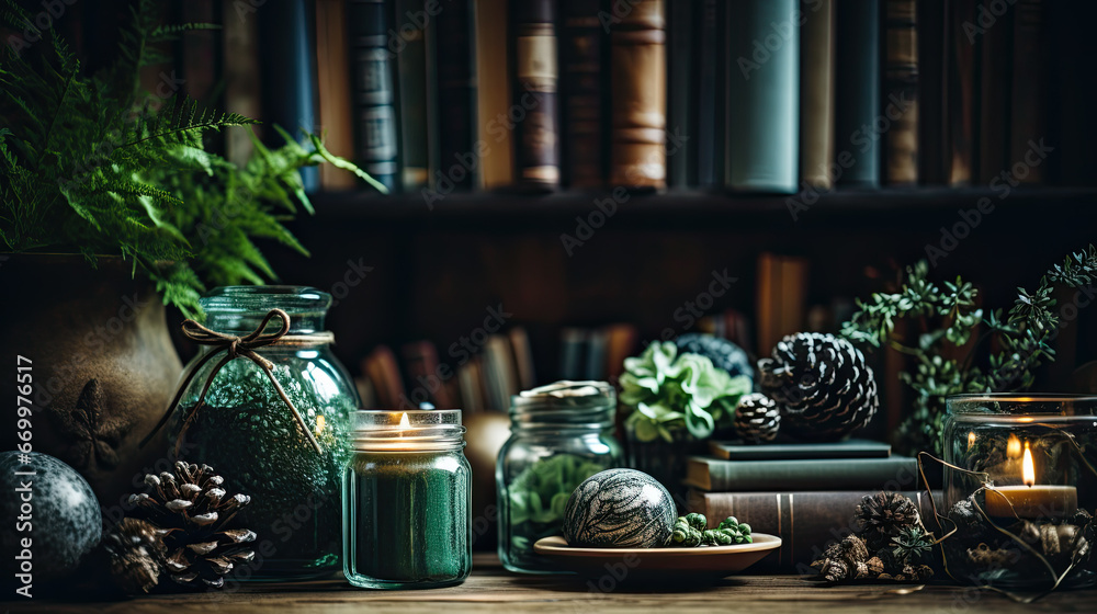 Fototapeta premium Candles and other things. Decoration with books on the shelf.