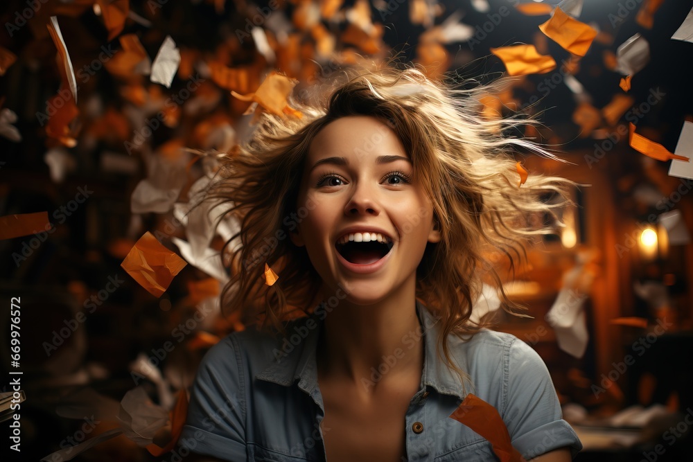 A woman laughing portrait shows emotions at a birthday party. A woman laughing portrait shows emotions at a birthday party.