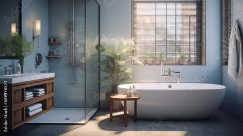 Calming Blue and Crisp White Modern Bathroom with Sleek Bathtub and Spacious Shower