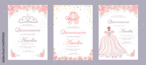 Quinceanera Birthday celebration invitation card for Latin America girl in floral design theme decoration with Princess, beautiful flowers, leaves. Vector illustration. 