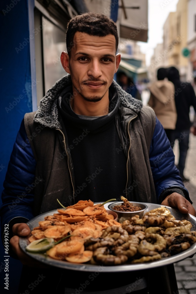 man selling street eats in algiers, morocco, navy and gray, textural layering, organic material, modular construction, warmcore, softly organic, functional