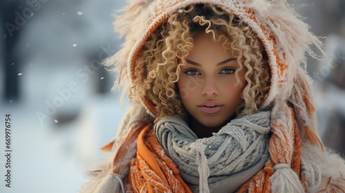 A fashionably dressed young woman with a hat and a thick, warm winter jacket