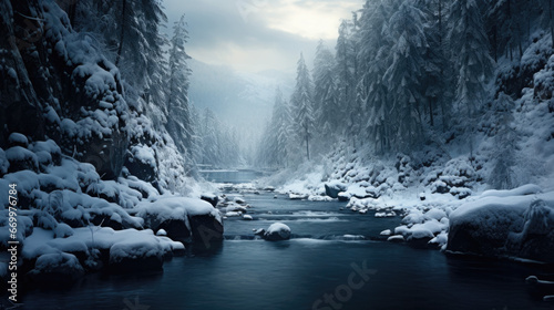 A river in winter with snow-covered trees on the sides in the early morning