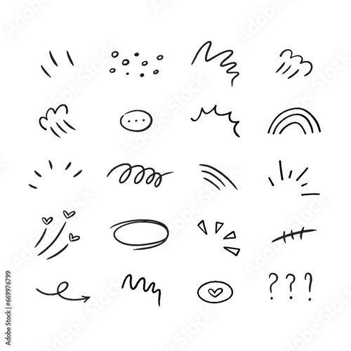 Hand drawn set expression signs. Doodle icons isolated on white background.