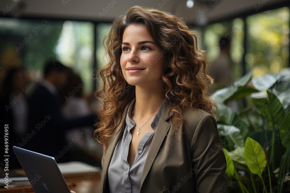 A woman uses a laptop workplace coworking portrait of a manager smiling shows laughter, working in a team in a new office. A woman uses a laptop workplace coworking portrait of a manager smiling shows laughter, working in a team in a new office.