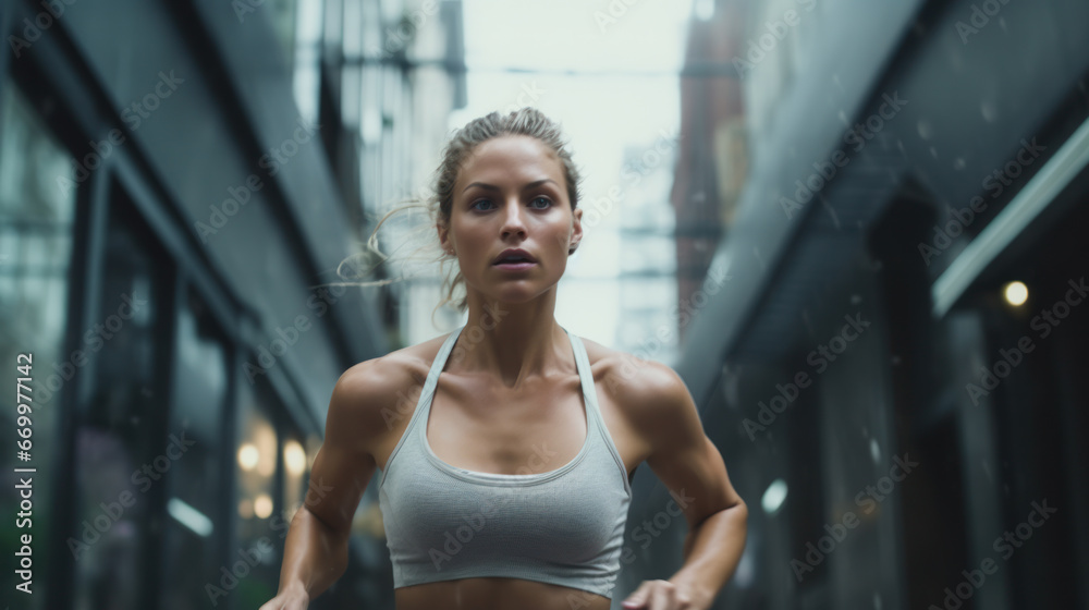An athletic woman runs in the rain along the city streets. Young woman athlete doing sports outdoors. Concept of sport, health. Active lifestyle. An athletic woman runs in the rain along the city streets. Young woman athlete doing sports outdoors. Concept of sport, health. Active lifestyle.