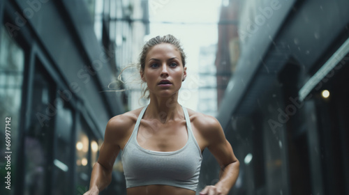 An athletic woman runs in the rain along the city streets. Young woman athlete doing sports outdoors. Concept of sport, health. Active lifestyle.