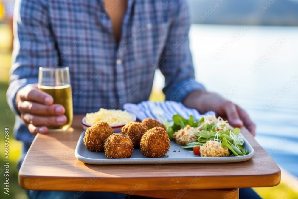 hand holding a platter of arancini at a picnic table