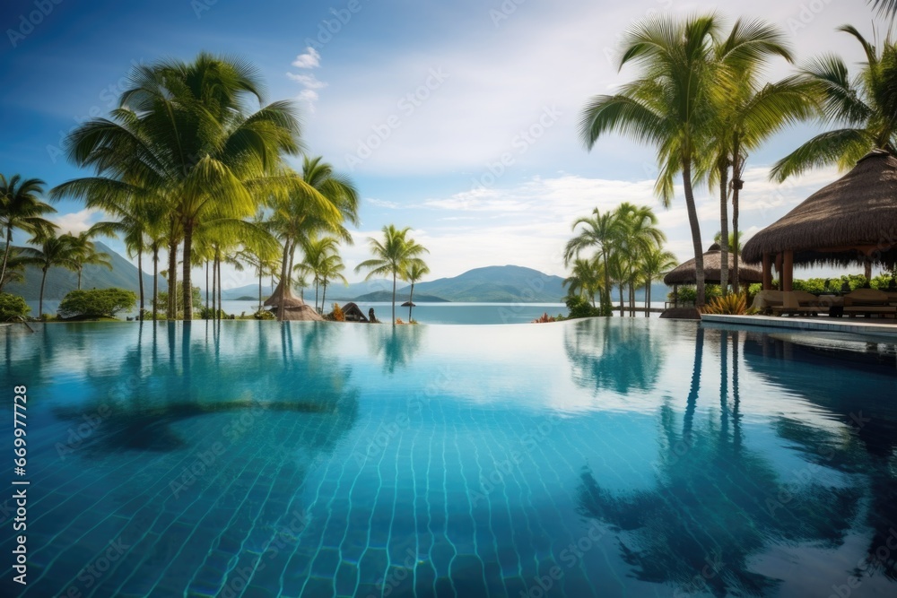 exotic tropical resort with infinity pool and palm trees