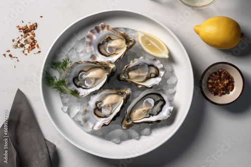 Close up of white plate with five opened oysters, lemon view from above. Flat lay, Seafood on white table, background