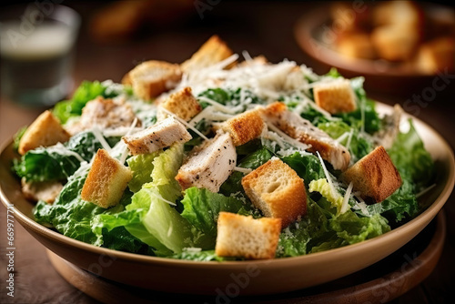 Chicken Caesar Salad. Leafy Greens, Croutons, Caesar Dressing pouring. Tossed from bowl Sharp focus. Epic composition. Photo for restaurant menu