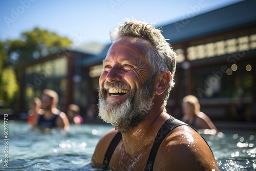 Portrait of a cheerful pensioner on vacation. An adult gray-haired man swims in the pool, group fitness training in the water. An elderly happy person smiles and is engaged in health.