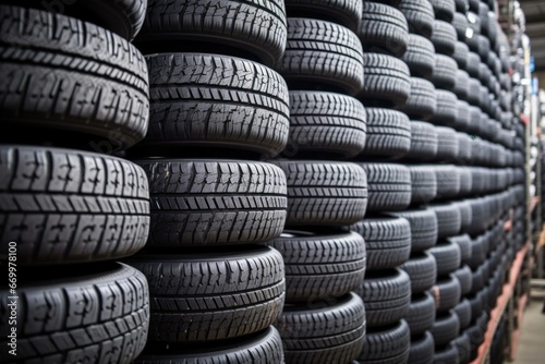 car tires in a row ready for installation