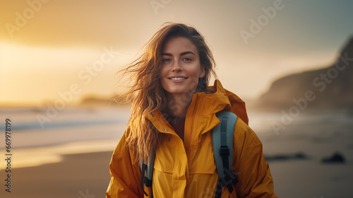 A woman traveler with a yellow backpack or a yellow jacket on the ocean shore at sunset. Young woman enjoying nature outdoors. Adventure, vacation concept.
