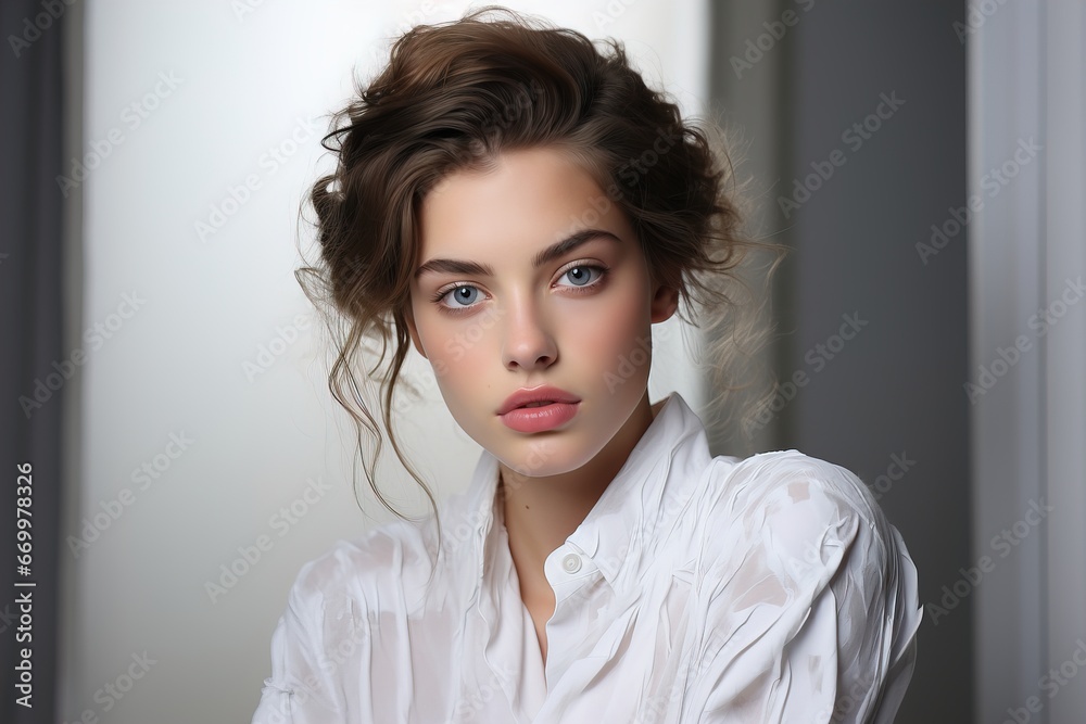 Portrait of a young woman elegant brunette close model in a photo studio, beautiful makeup day clean well-groomed skin face.