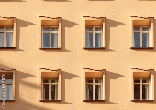 several windows in an imaginary building that appear to be crooked, flat backgrounds, viennese actionism, beige, low resolution, playing with light and shadow, witty and clever cartoons, focus photo
