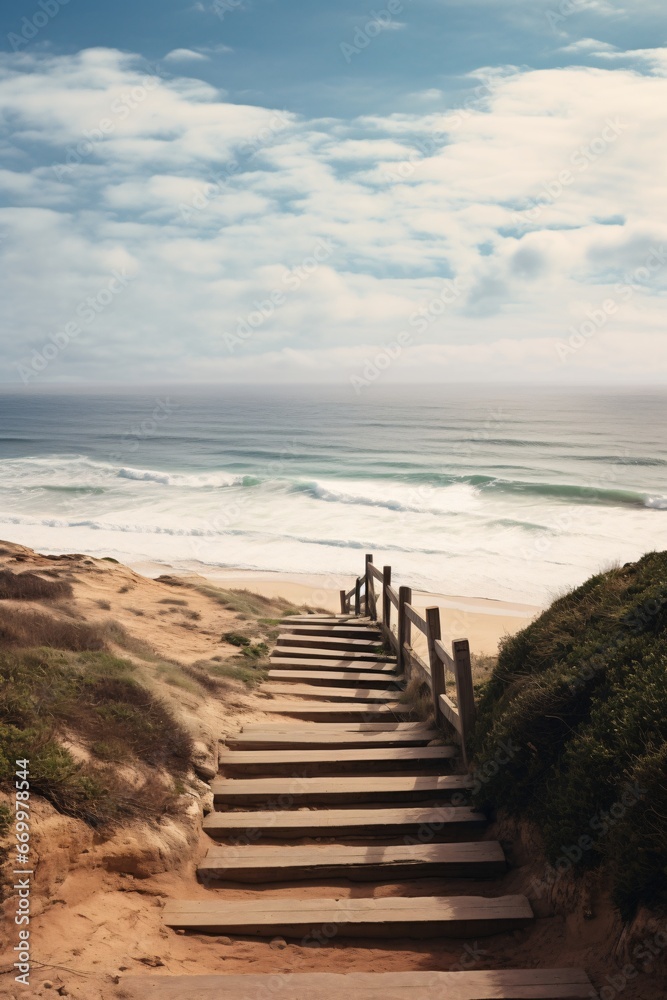 staircases leading to an ocean beach in the portuguese atlantic coast, landscape staircases leading to an ocean beach in the portuguese atlantic coast, landscape