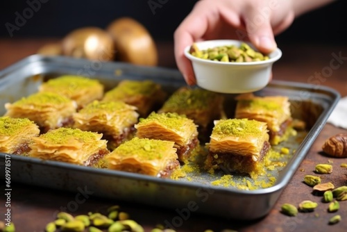 hand holding baklava on a spatula over a tray with pistachio dust