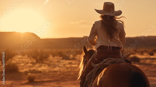 Cowgirl riding on horseback towards the sunset in Cinematic Western Scene