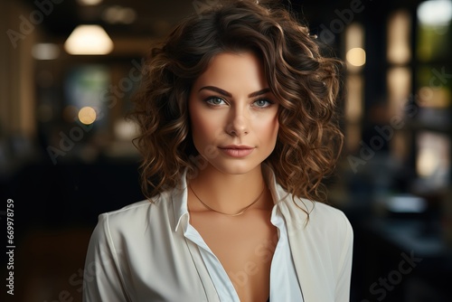 A business woman with a close face in a white shirt  standing in the office looking at the camera. Business stylish confident personality portrait.