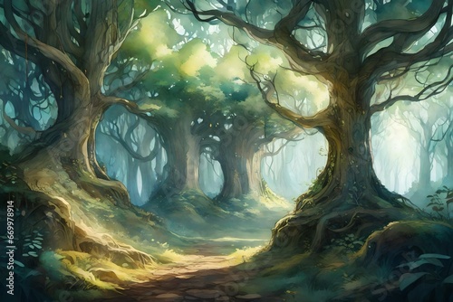 A dense, mystical forest in a fantasy realm, with ancient trees intertwined with glowing vines. The environment is enchanting, with the whispers of magical creatures.