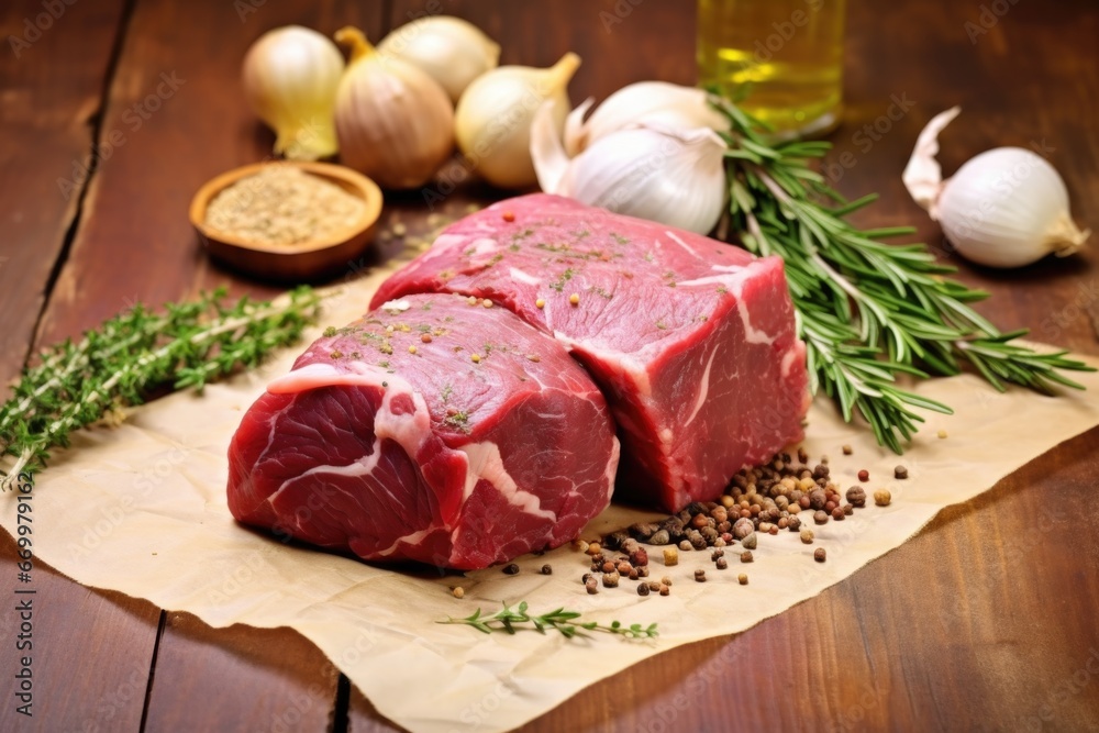 beef roast on butcher paper alongside scattered garlic bulbs beef roast on butcher paper alongside scattered garlic bulbs