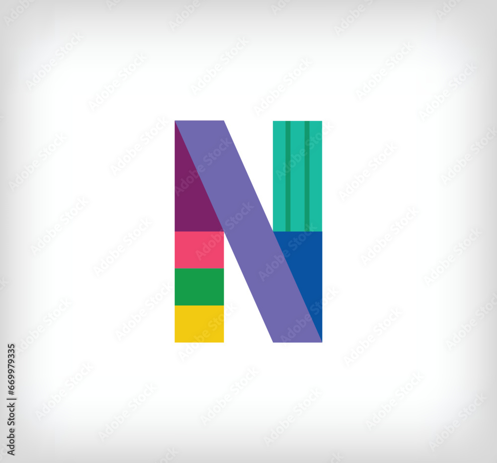 Obraz premium Creative abstract letter N multicolored linear logo. Modern lettering lines with new pop art colors. Font alphabet template. Creative education geometric.vector