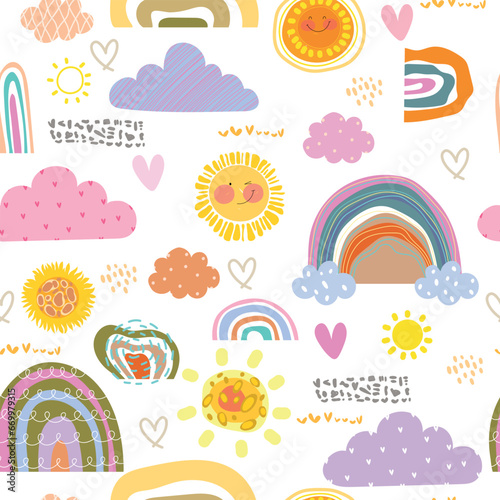 Abstract cartoon seamless kids pattern with clouds, rainbows and sun on the sky, Doodle. Cute seamless pattern on white background. Vector illustration.