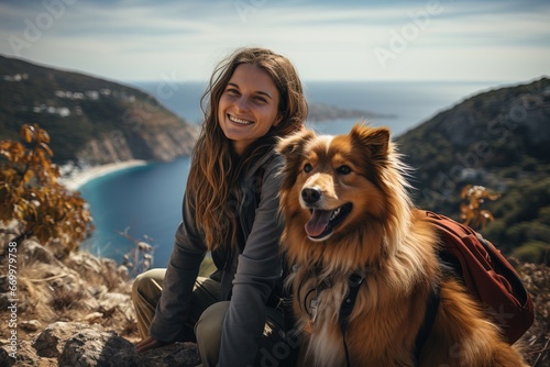 Hiking together in nature near the lake and mountains, fresh air. Traveling with a dog's best friend, a young woman and her dog look into the camera. © Atlas Studio