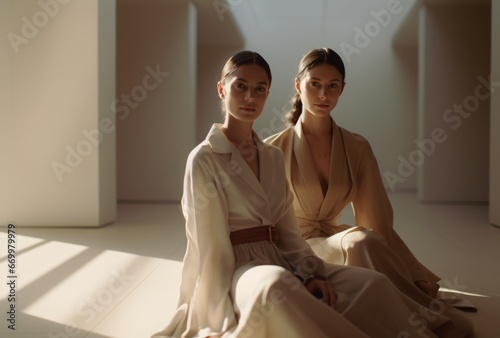 two girls sit on the floor while smiling, wearing kimono, anamorphic lens flare, sophisticated simplicity, light beige and brown, elegantly formal, close-up photo